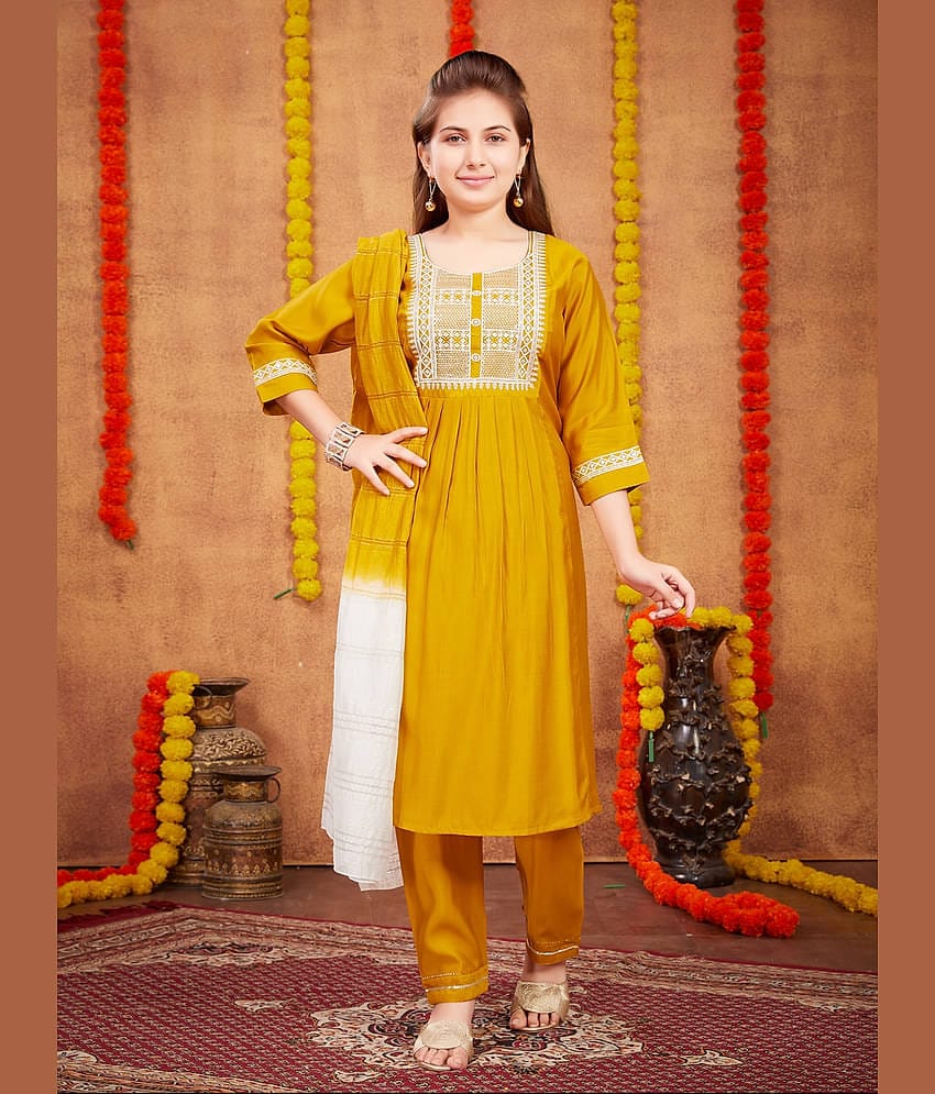 Aarika Girls Silk Kurta and Pant Set ( Pack of 1 , Mustard )