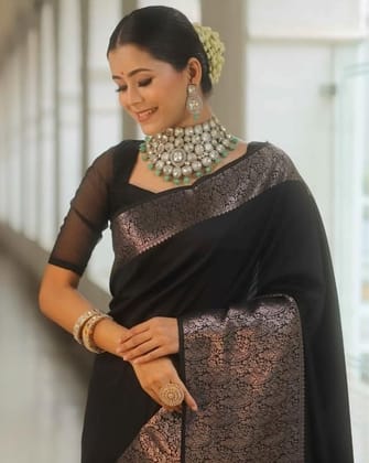 Women's Silk Printed Saree With Unstitched Blouse 5.5Mtr (Black)-PID60200