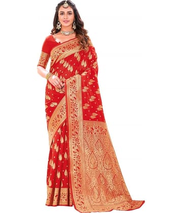 Dressy Banarasi Silk Self Design Saree With Unstitched Blouse Piece ( Red )