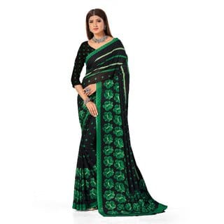 SVB Sarees Womens Black And Green Pure Georgette Printed Saree With Blouse Piece SVB Sarees Womens Black And Green Pure Georgette Printed Saree With Blouse Piece