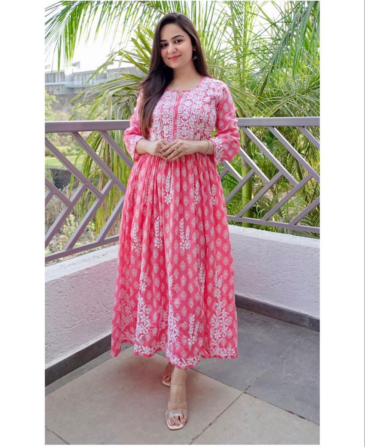 Printed work with Chikankari Embroided Gown-Pink / L(40)