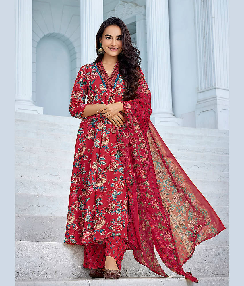 Royal Export Viscose Printed Kurti With Palazzo Women's Stitched Salwar Suit - Red ( Pack of 1 )
