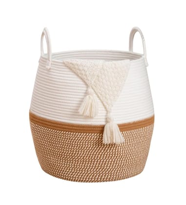 Generic Cotton Matka With Handle 14x12 Inch Storage Basket For Clothes With Out Lid (Beige-White)-PID66398