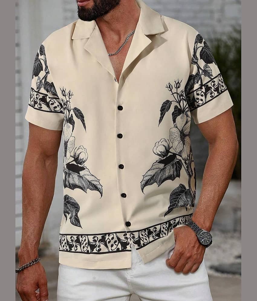 HARPITA Cotton Blend Regular Fit Printed Half Sleeves Cuban Collar Men's Casual Shirt - Beige ( Pack of 1 )