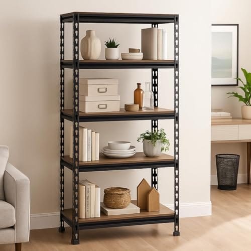 JD Fresh 5-Shelf Boltless Metal Rack for Storage/60x24x12 Inch Adjustable Standing Shelf with MDF Wooden