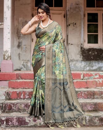 Green Banarasi Silk Saree with Lush Botanical Digital Print & Intricate Zari Border-Regular