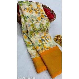 Yellow Colour Flower Cotton Silk Saree With Blouse Piece