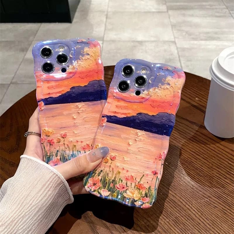 Sunset Scenic Laser Floral Flowers Holographic iPhone Soft Silicone Case-iPhone 13