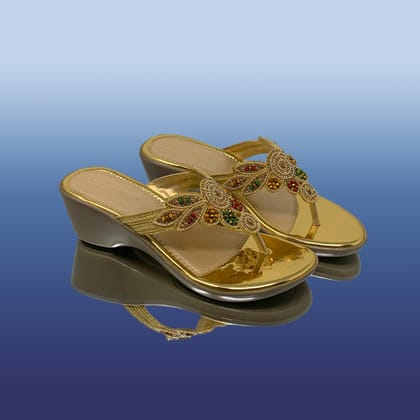 Golden Embellished Wedge Sandals-Gold / 36