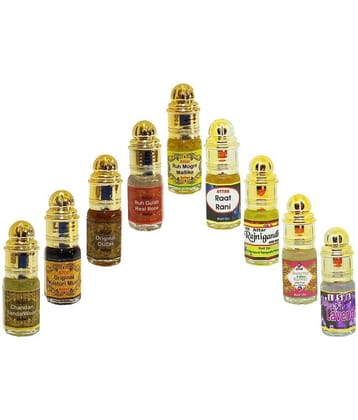 INDRA SUGANDH BHANDAR - Navratna Combo Chandan Kasturi Oudh Gulab Mogra Raatrani Rajnigandha Kamal Lavender Attar, 3ml Each Pack Of 9 - Below 50ml/ Miniature