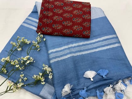 Bagru Handloom Cotton linen saree with printed cotton blouse