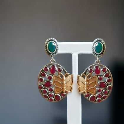 Stone Oxidised Dangler Earrings | Sarichka-Green-Red