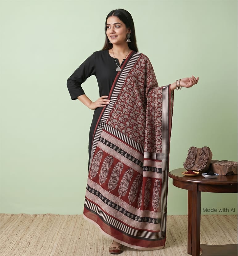 Handcrafted Bagh Print Cotton Dupatta