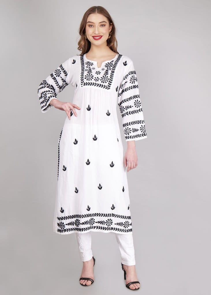 Modal White Hand Embroidered Chikankari Kurta