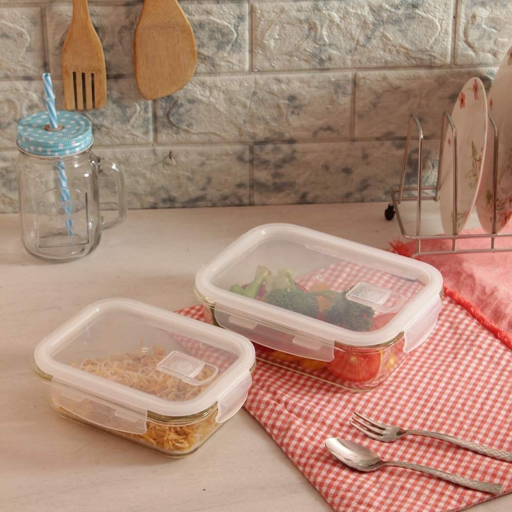 Femora Borosilicate Rectangle Glass Food Storage Container with Air Vent Lid-400ml,620ml(Set of 2)