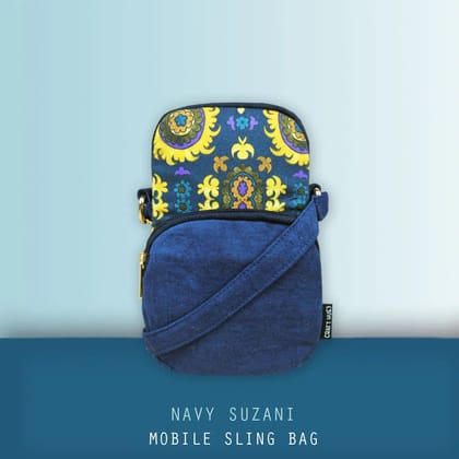 Front Pocket Mobile Sling- Navy Suzani