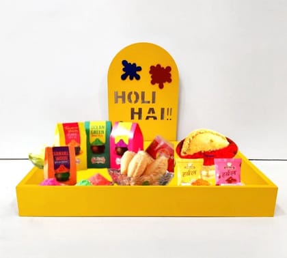 Holi Gift Tray for Hampers and packing Goodies, Happy holi Design carving in bright yellow colour.