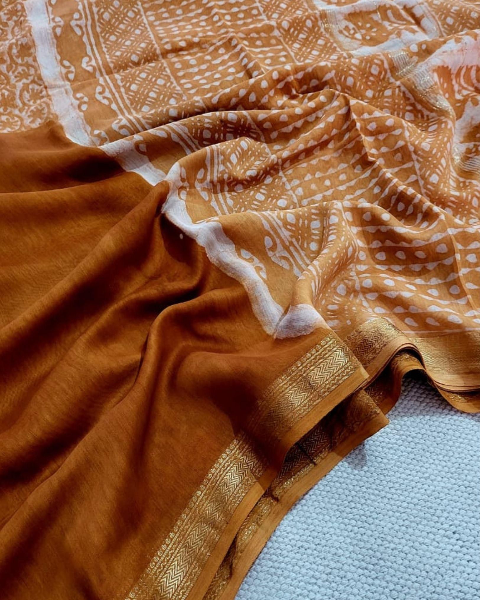 Joyful Maheshwari Pure Silk Orange Blockprint Saree