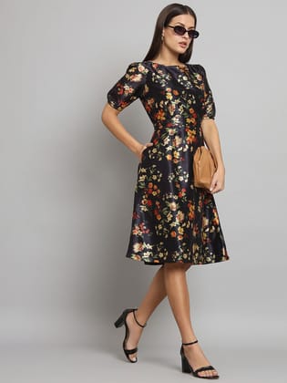Printed Silk A-Line dress- Black-XS