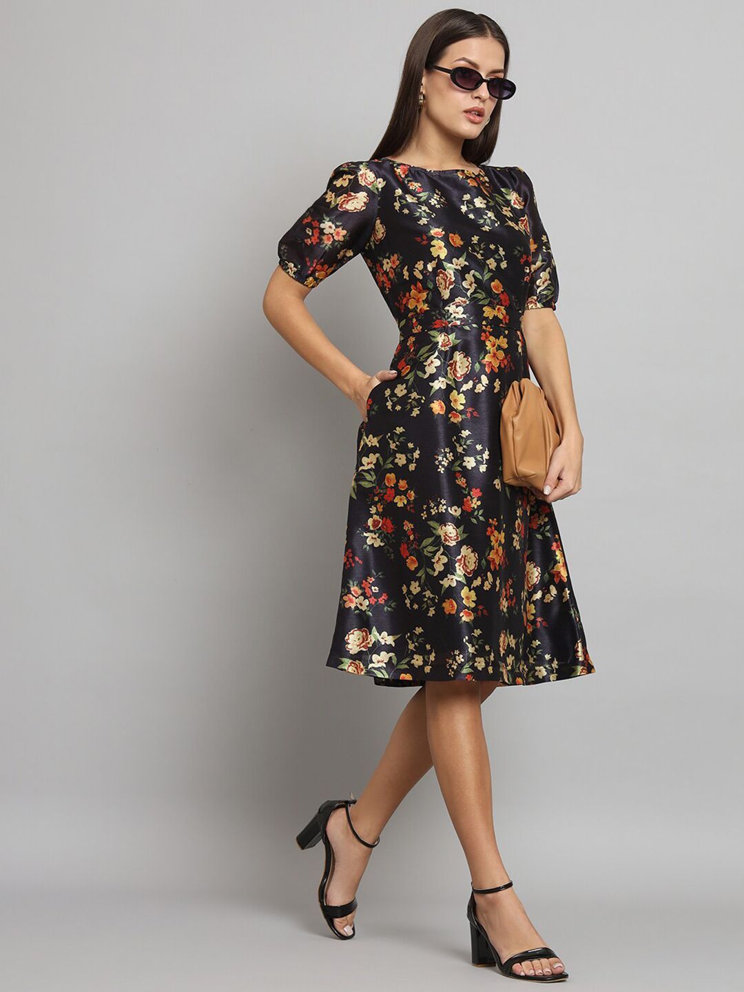 Printed Silk A-Line dress- Black-XS