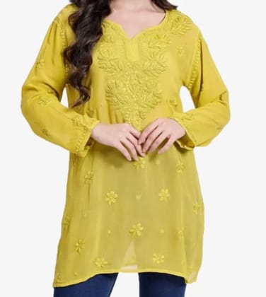 Lucknowi Chikankari Viscose Georgette Heavy Hand Neck Embroidery Yellow Short Kurti