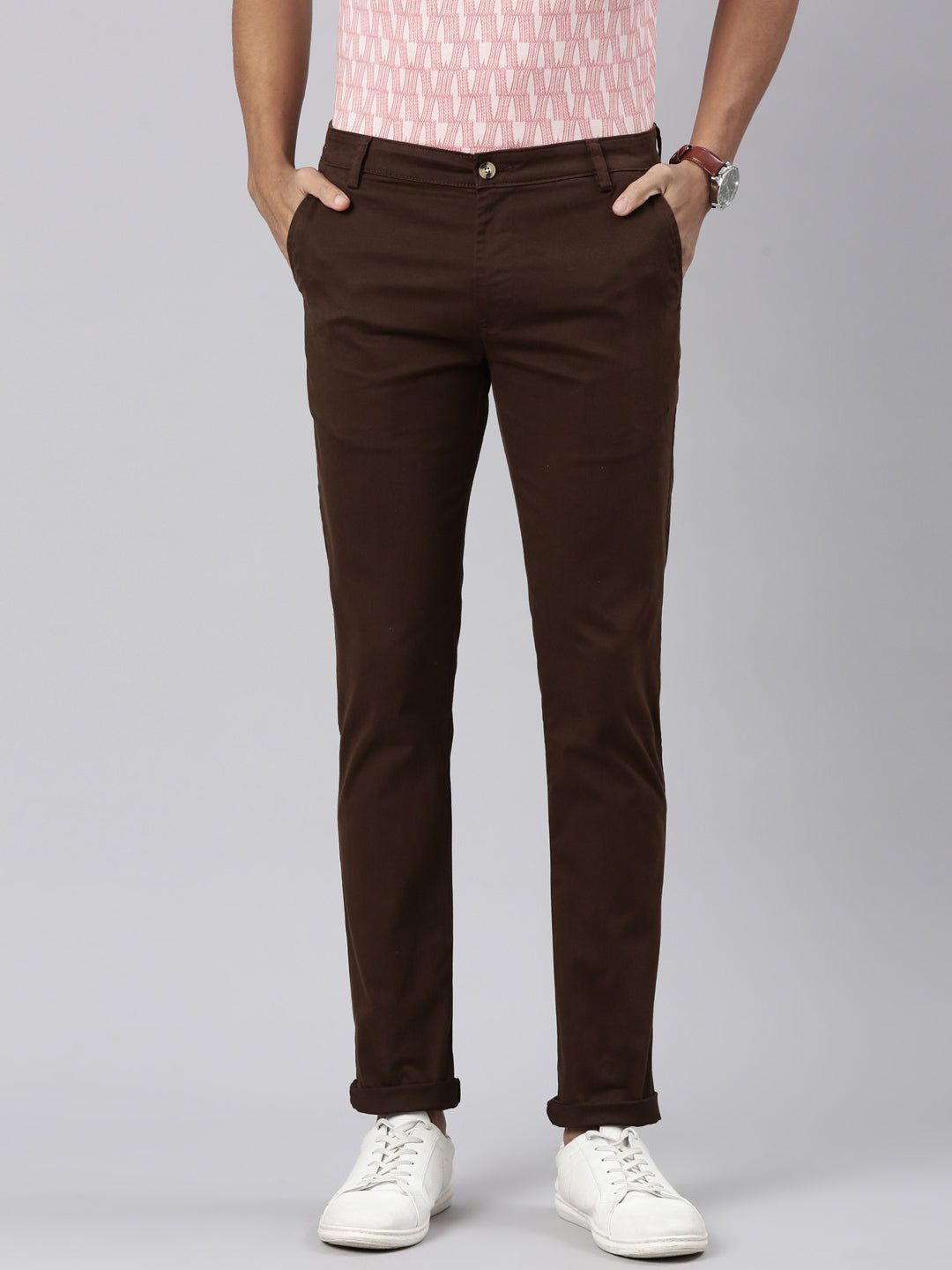 Classic Polo Men's Dark Brown Cotton Lycra Slim Fit Trousers | TRS-CHINO-D.COF MF LY
