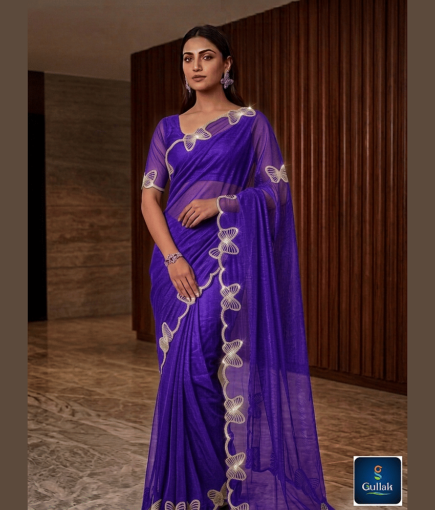 Gullak Net Embellished Regular Saree With Unstitched Blouse Piece ( Purple )