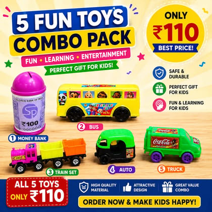 Set of 4 toys and 1 Piggy Bank