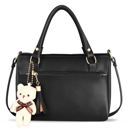 Black Luxurious Faux Leather Handbag With Teddy Bear For Women And Girls HB17