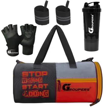 GROUPERS SWSD Duffel Bag l Gym Bags lWrist Band Support l Gym Gloves l Gym Shaker Bottle-500 ML (Black)