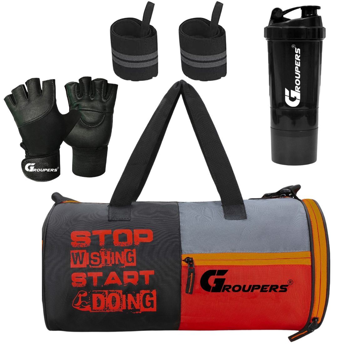 GROUPERS SWSD Duffel Bag l Gym Bags lWrist Band Support l Gym Gloves l Gym Shaker Bottle-500 ML (Black)