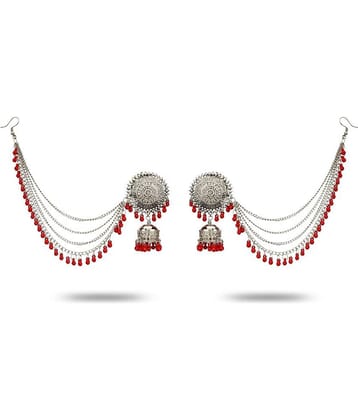 YouBella Stylish Latest Design Combo Of Earrings And Maang Tikka Jewellery Silver Plated  Jhumki Earrings for Women (Red) (YBEAR_32663)