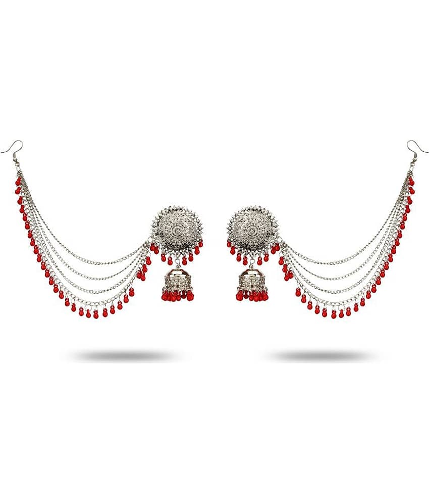 YouBella Stylish Latest Design Combo Of Earrings And Maang Tikka Jewellery Silver Plated  Jhumki Earrings for Women (Red) (YBEAR_32663)