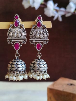 Chic Silver Look-Alike Trendy Jhumkas | Sarichka-Red