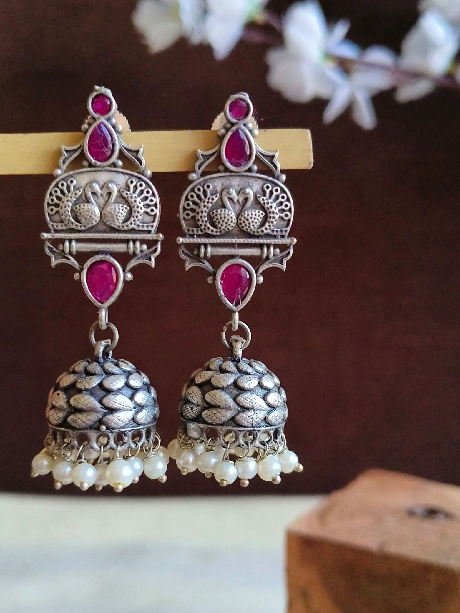 Chic Silver Look-Alike Trendy Jhumkas | Sarichka-Red