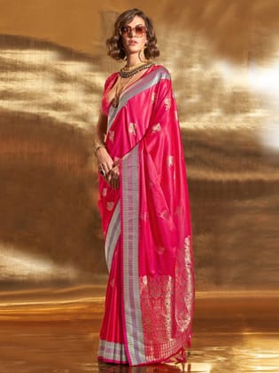 Pink Woven Bollywood Satin Silk Blend Saree
