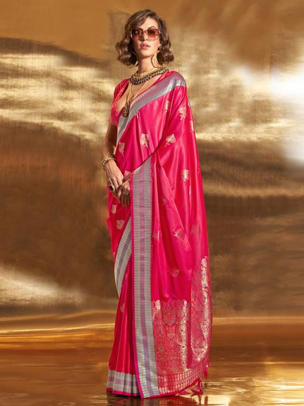 Pink Woven Bollywood Satin Silk Blend Saree