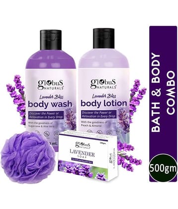 Globus Naturals Lavender Body Lotion 200 ml, Soap 100 gm & Body Wash 200 ml, Loofa , Pack of 4