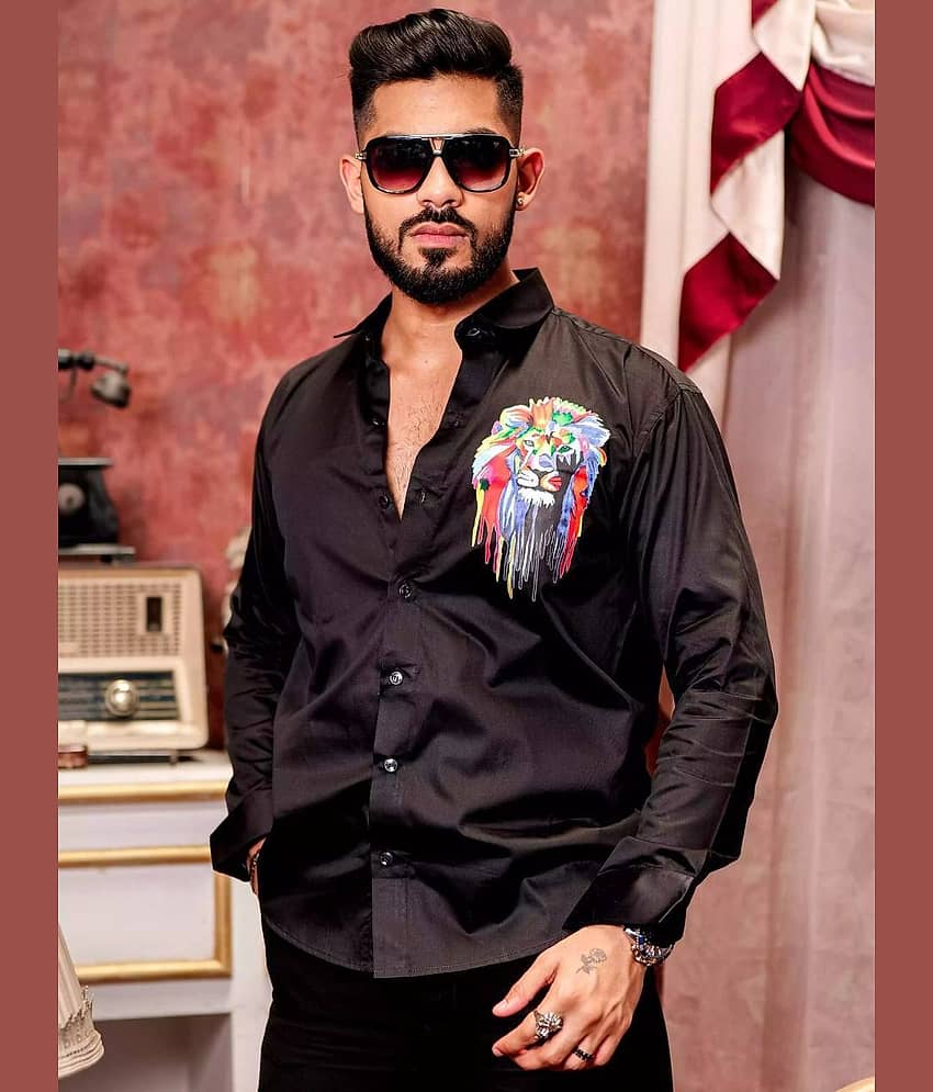 IQIVLI Cotton Blend Regular Fit Self Design Full Sleeves Men's Casual Shirt - Black ( Pack of 1 )