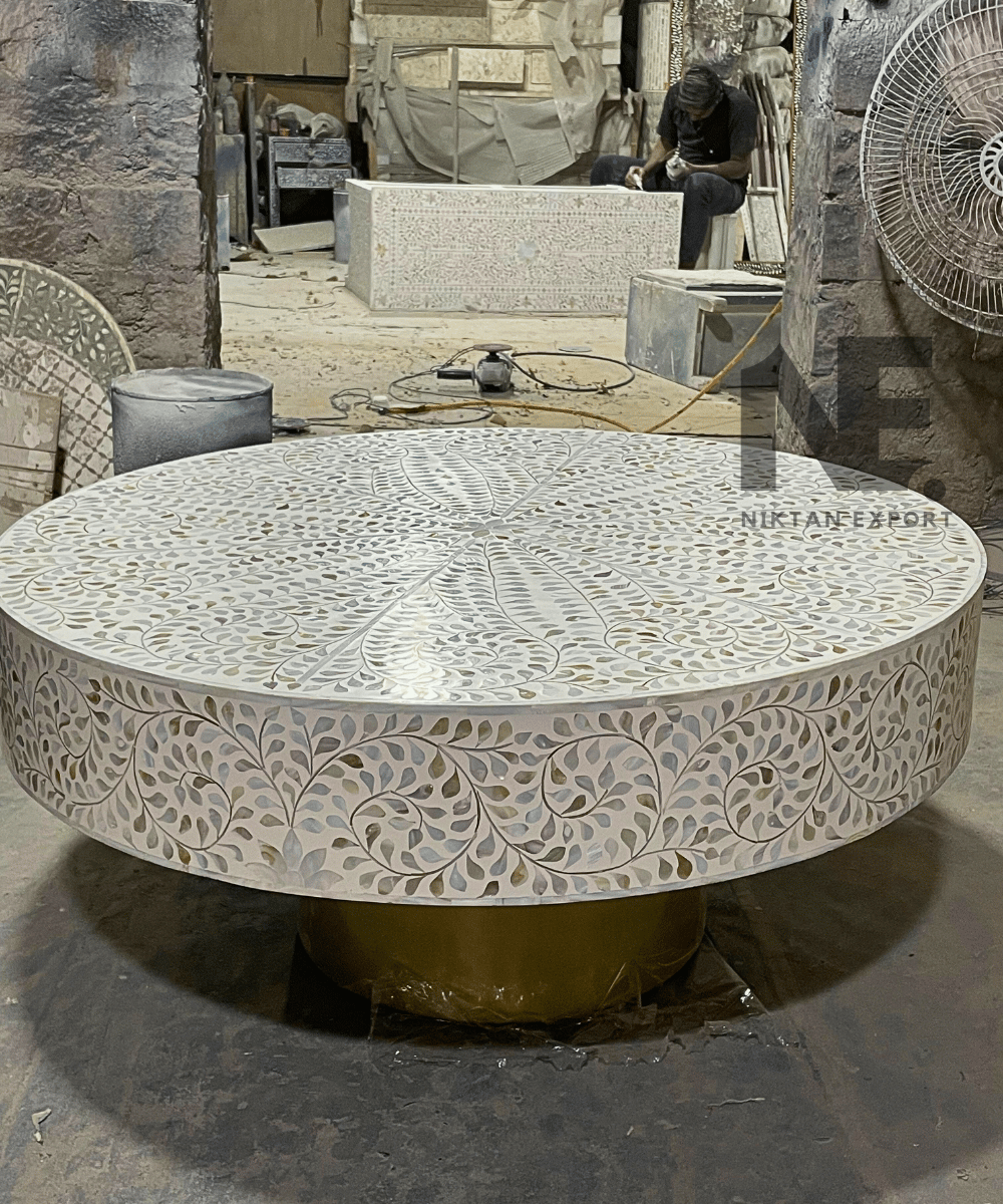 White Floral Mother of Pearl Round Coffee Table with Brass Leg – Handcrafted Luxury Center Table
