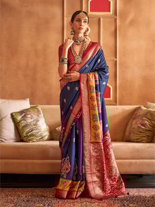 Navy Blue Soft Silk Printed Patola Saree