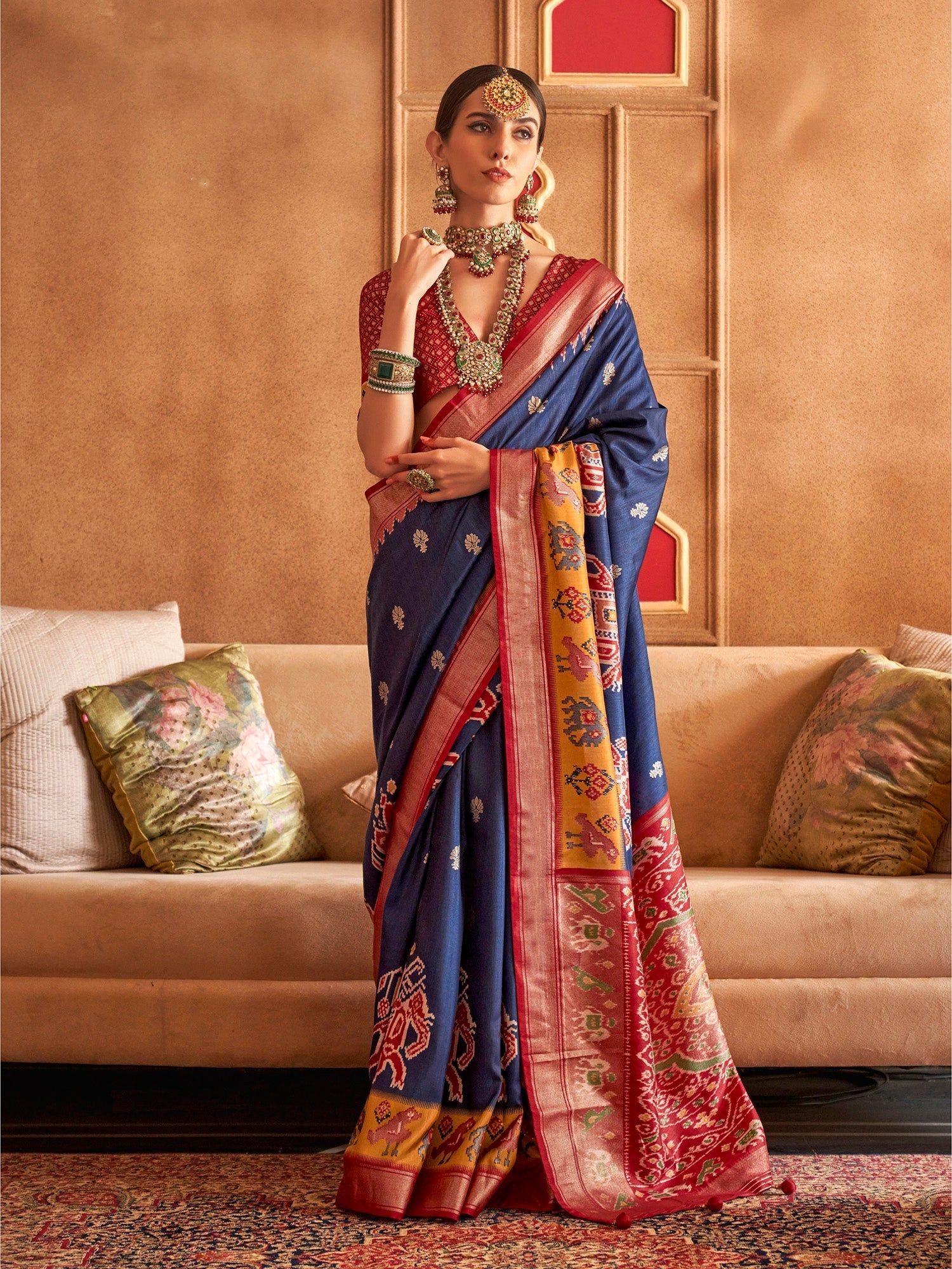 Navy Blue Soft Silk Printed Patola Saree