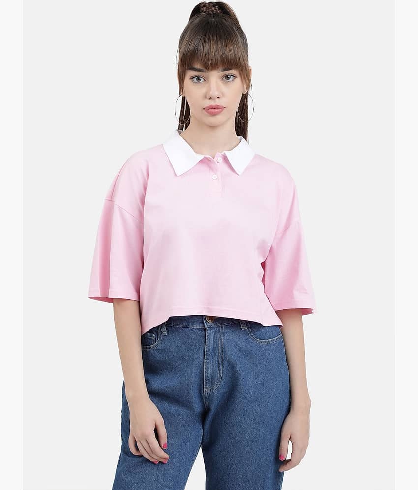 Bene Kleed Women Cotton Solid Oversized Fit Polo Collar T-Shirt ( Pink )
