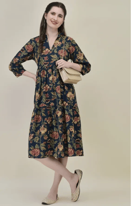 Blue & Red Three-Tier Midi Dress
