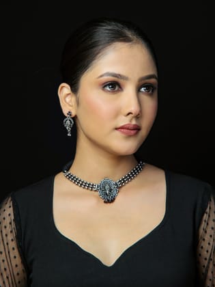 Oxidised Ganesh Ji choker Necklace Set | 925 Silver-925 Silver / Ethnic / Necklace & Earrings