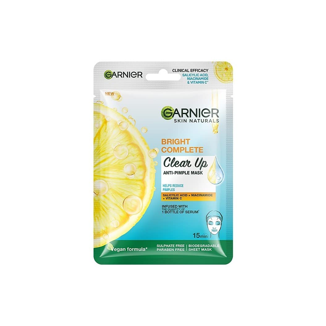 Garnier Bright Complete Anti Pimple Sheet Mask - Infused With Salicylic Acid, Niacinamide And Vitamin C Serum, Face Sheet Mask For Clear