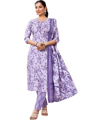 shree jeenmata collection Women Cotton Printed Straight Kurti With Pants ( Purple )