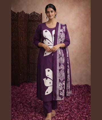 Aarika Women Cotton Embroidered Straight Kurti With Pants ( Purple )