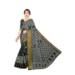 Black Colour Ethnic Modif Printed Cotton Saree With Blouse Piece