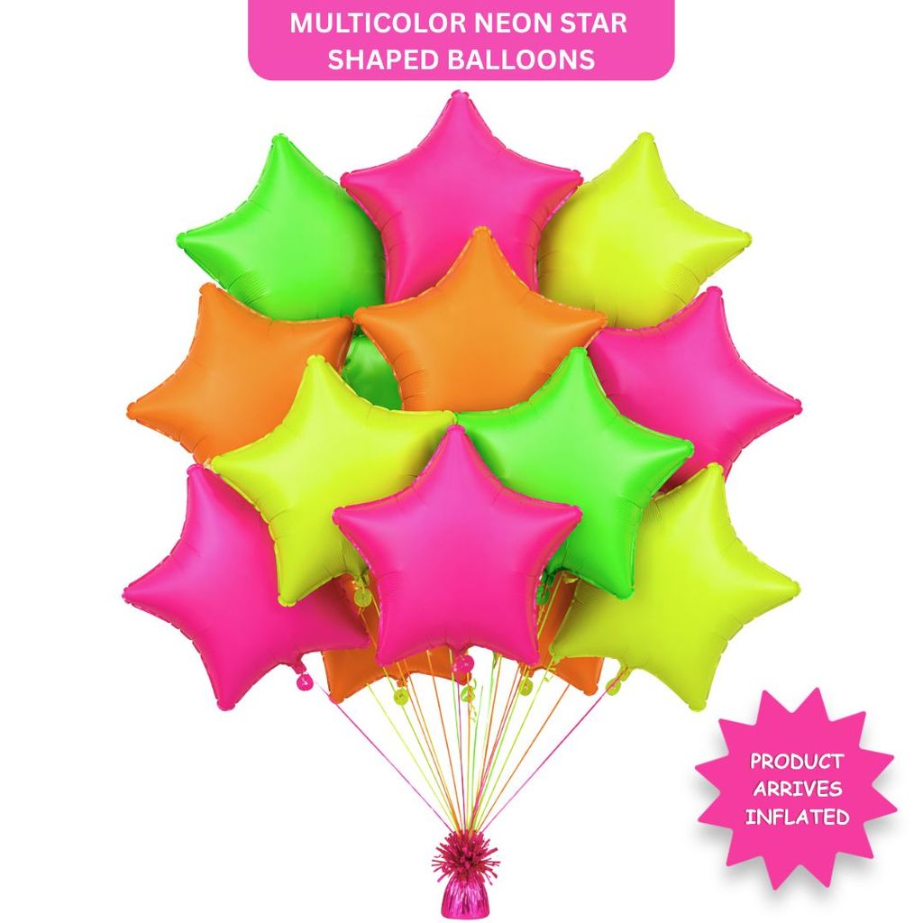 Multicolor Neon UV Glow Star Shaped Balloons 18 Inch (Pack of 12) | Helium Filled & Delivered Inflated | Glow Party Decoration - Party and Festive Needs | Buy online on ZillyBuy
